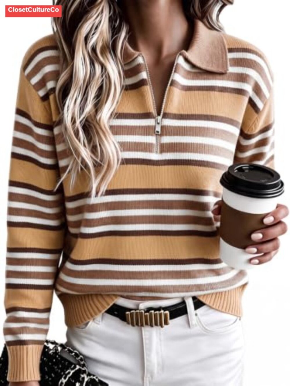 Quarter Zip Striped Knit Sweater Collared Long Sleeve Pullover Top